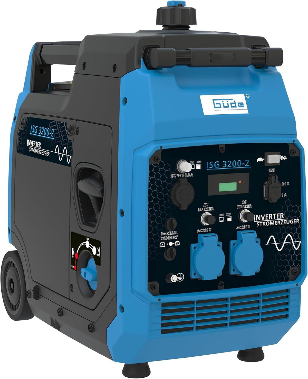 Güde Stromgenerator, Inverter Stromerzeuger ISG 3200-2 (4-Takt Motor, Benzin, 5/6, 1 (kW/PS), 2x 230 V, 1x 12 V, 2x USB, max. 3500 W, Laufzeit bis 7