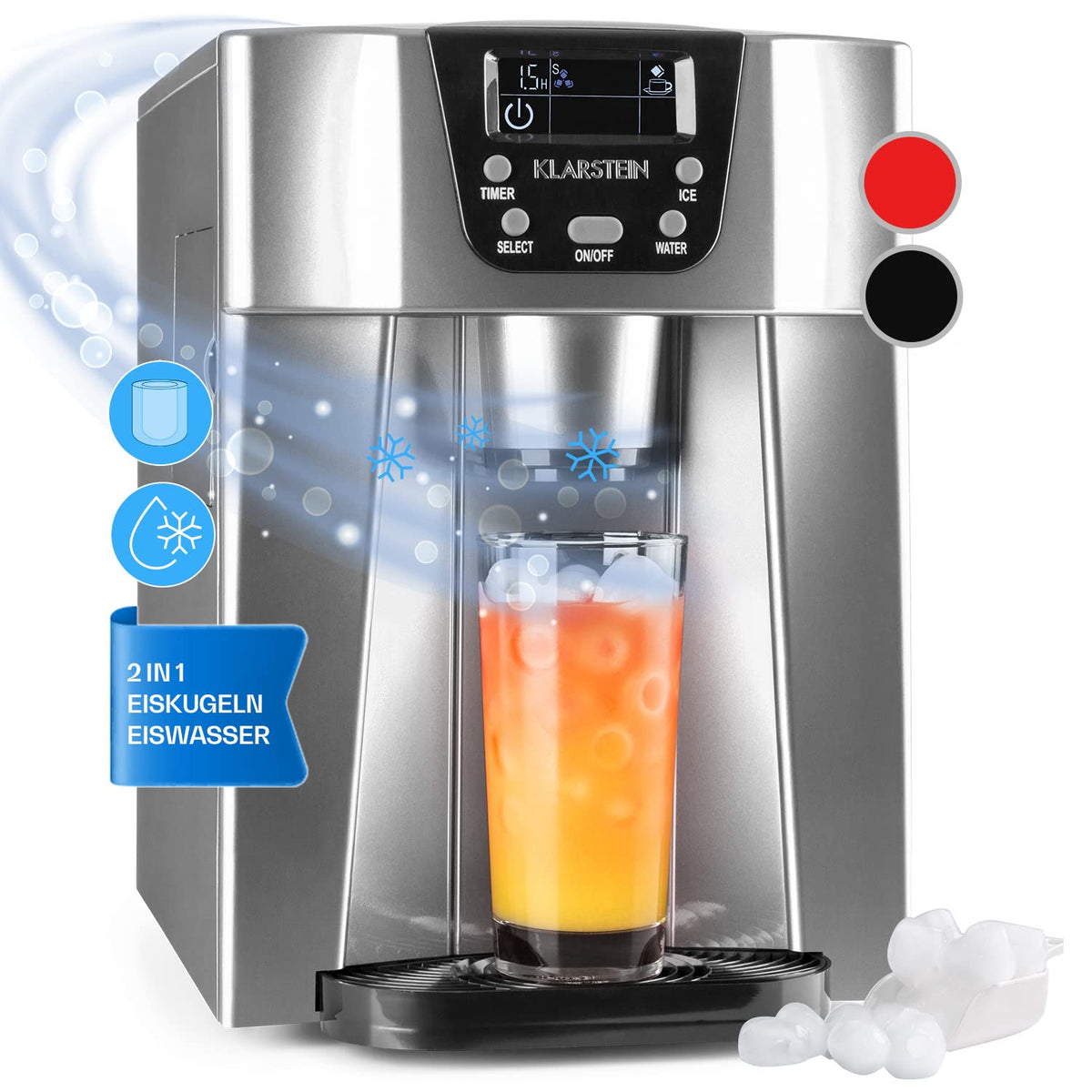 Klarstein Eiswürfelmaschine, Klein, 2 L Eiswürfelbereiter & Wasserspender, Schnelle Eiswürfelbereiter mit Alarm
