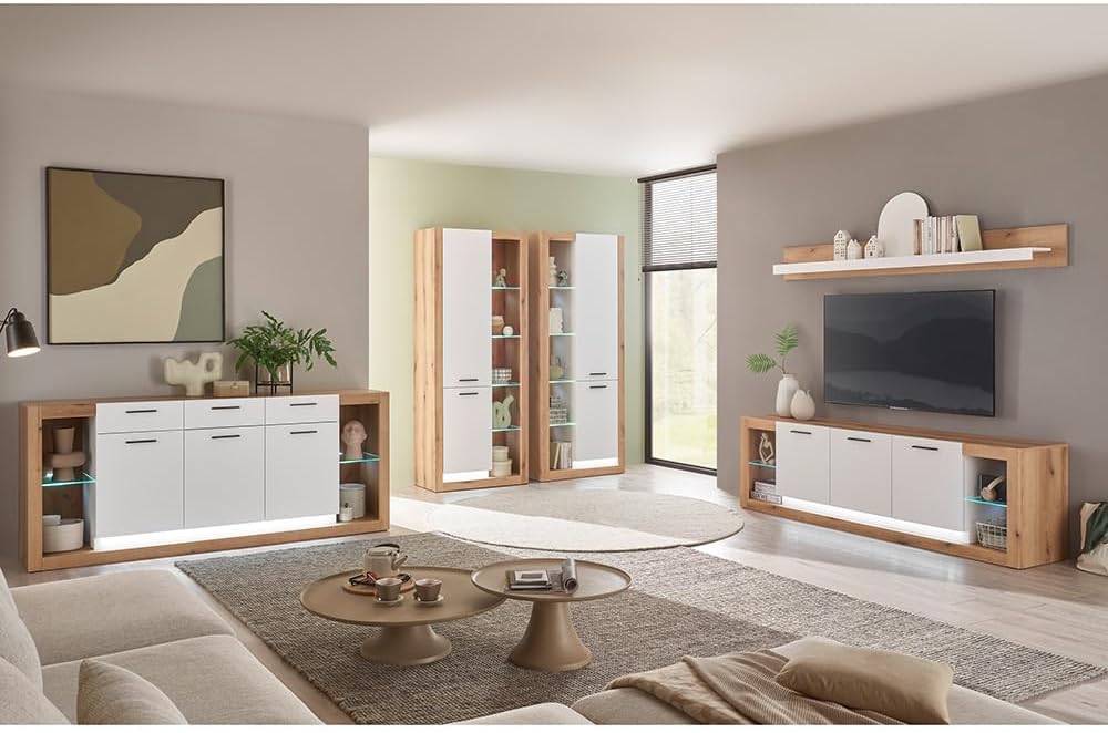 Sideboard Wohnzimmer-Set mit, & Vitrinenschränken in Eiche mit weiß, inkl. LED Beleuchtung, modern, Wohnmöbelset 5 teilig, Lomadox