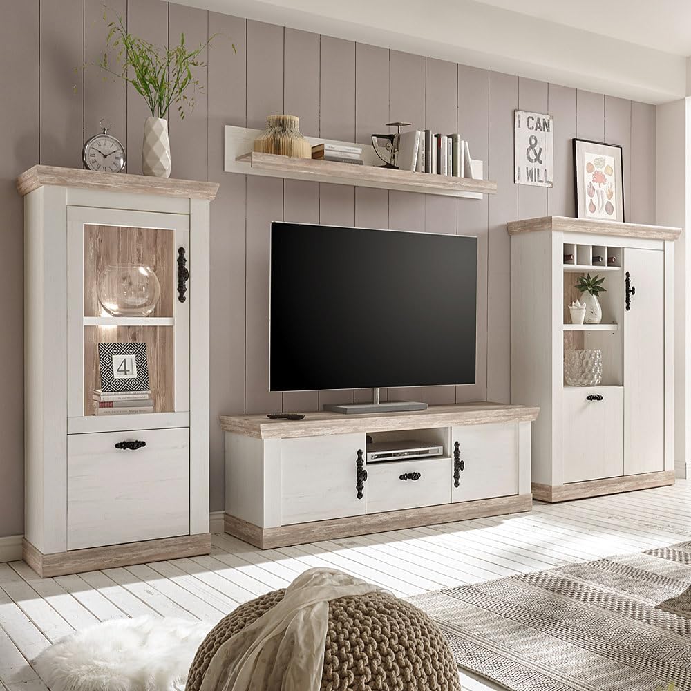 TV-Lowboard Landhaus Wohnwand Pinie weiß mit Vitrine & Highboard, & Regal inkl. LED-Beleuchtung, Lomadox