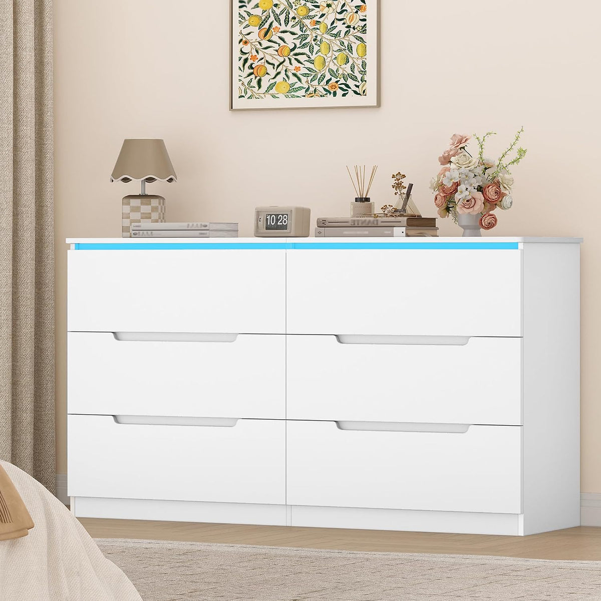 Kommode, mit LED-Beleuchtung, 6 Schubladen, 40 × 140 × 80 cm, Weiß, Hzuaneri