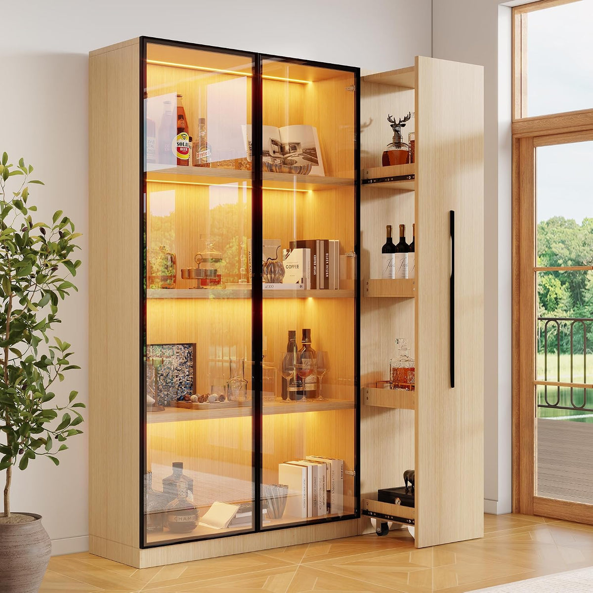 BTM Glasvitrine,   Glasvitrine Stehend LED Schaukasten Vitrine Bücherregal mit Türen mit Rollen, Wohnzimmer Vitrinenschrank