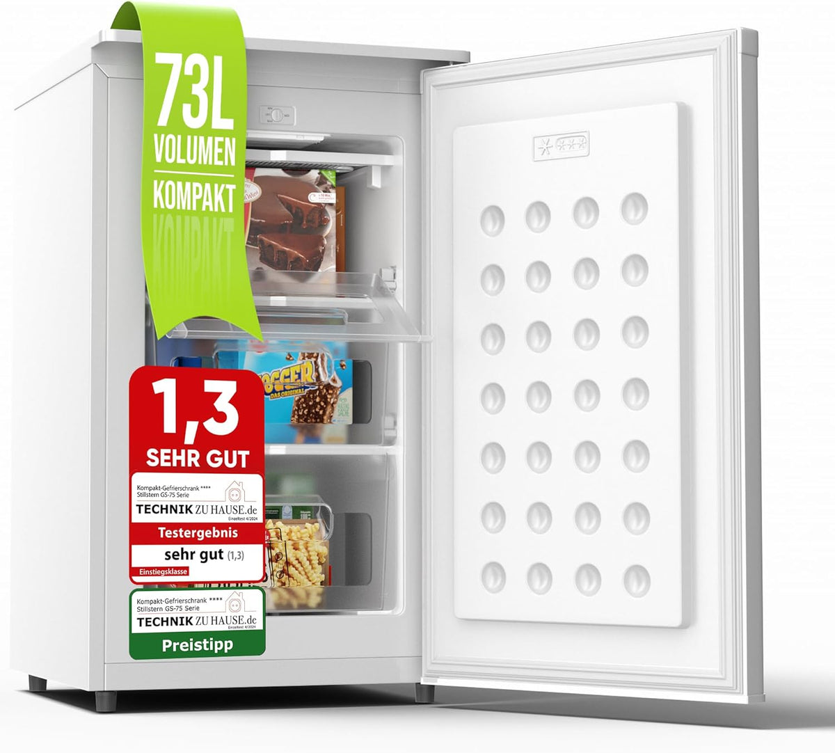 Gefrierschrank, Klein (73L) 4-Sterne-Gefrierfach -18°C ger. Energiever. Mini Freezer mit 3 Fächer, stufenlos reg. Temp., kleine Tiefkühltruhe