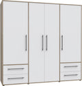 Kleiderschrank 200 210 Jupiter Schrank, Drehtürenschrank, 4-türig, mit 4 Schubladen und Einlegeböden, Weiß mit Holz Dekor: Sonoma Eiche