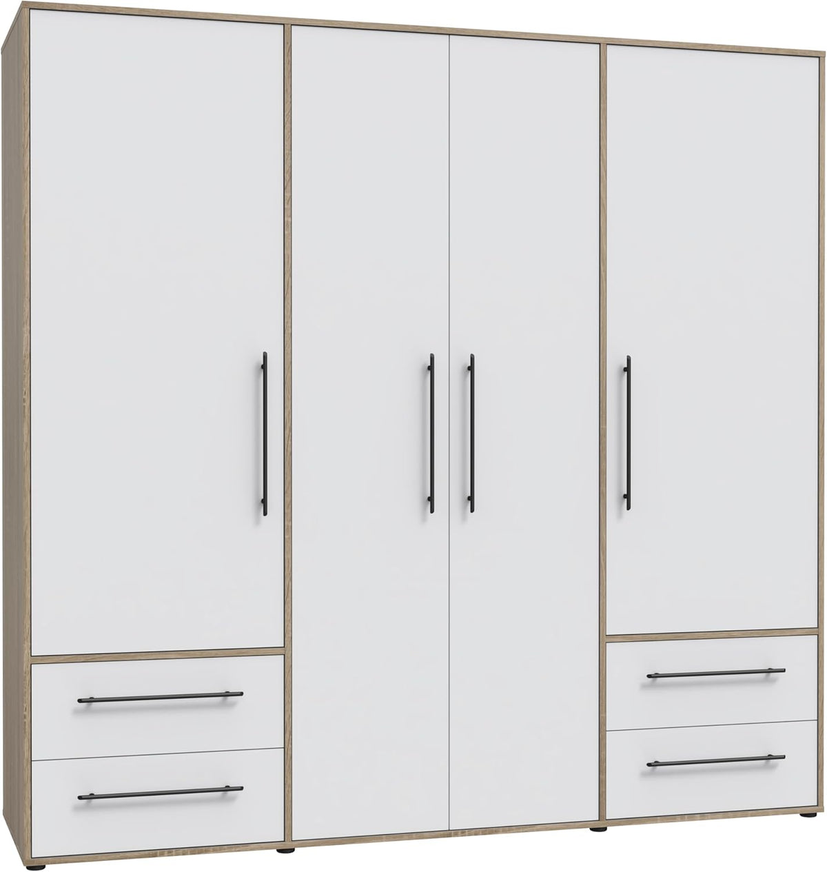 Kleiderschrank 200 210 Jupiter Schrank, Drehtürenschrank, 4-türig, mit 4 Schubladen und Einlegeböden, Weiß mit Holz Dekor: Sonoma Eiche