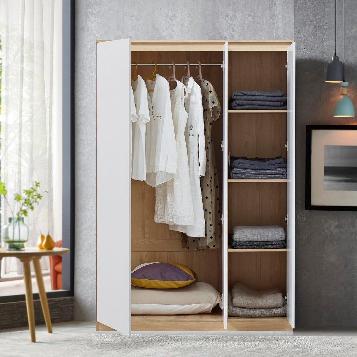 Kleiderschrank, Bastheim Schrank mit 3 Türen Garderobenschrank 176 × 120 × 52 cm Schlafzimmerschrank mit 1 Kleiderstange und 4 Fächern Eicheoptik/Weiß