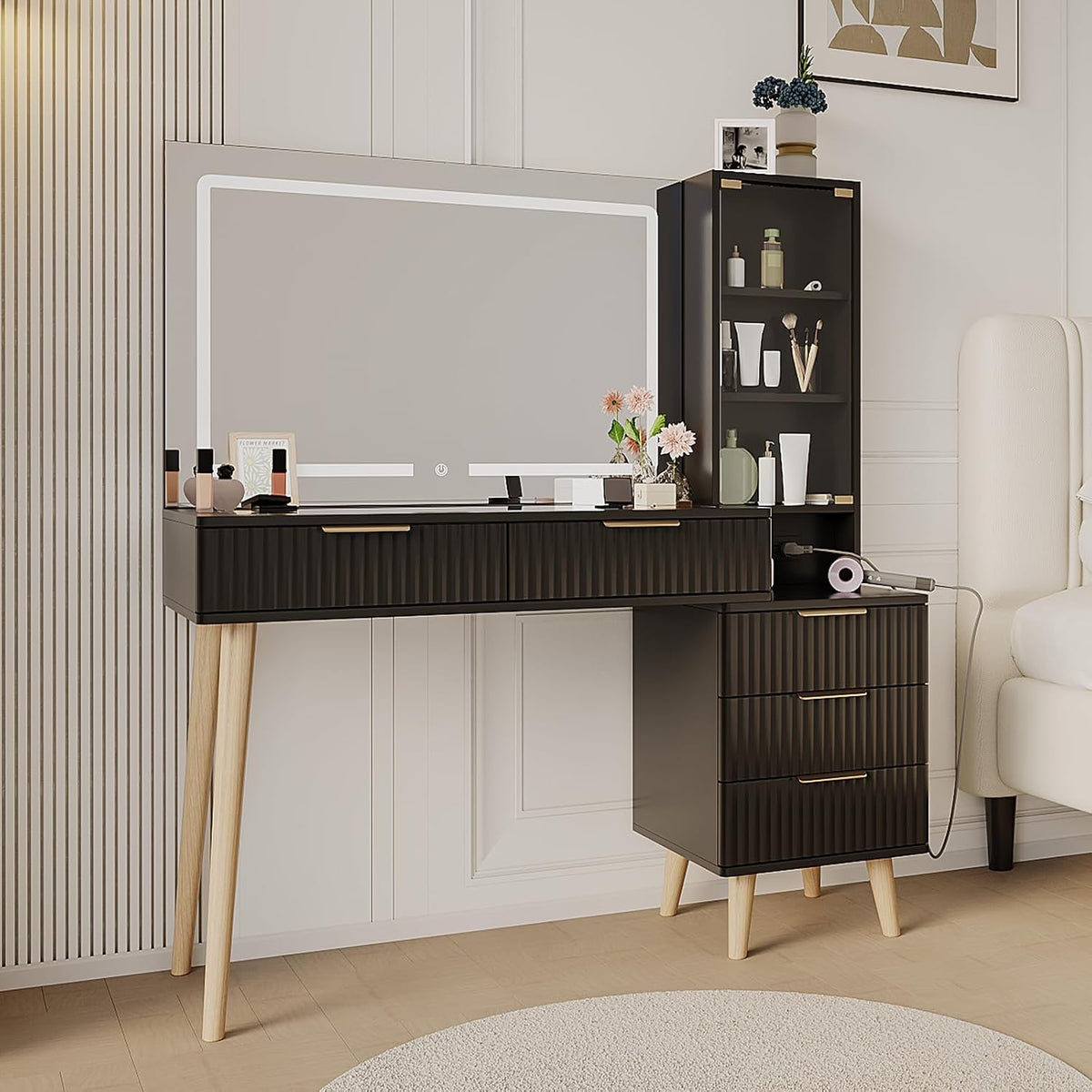 Schminktisch Moderner, 120cm mit 90cm Spiegel & 3 Farblichtern. 5 Schubladen, offene Ablagen, Glas-Tischplatte Ladestation (Black), HIMAugbo