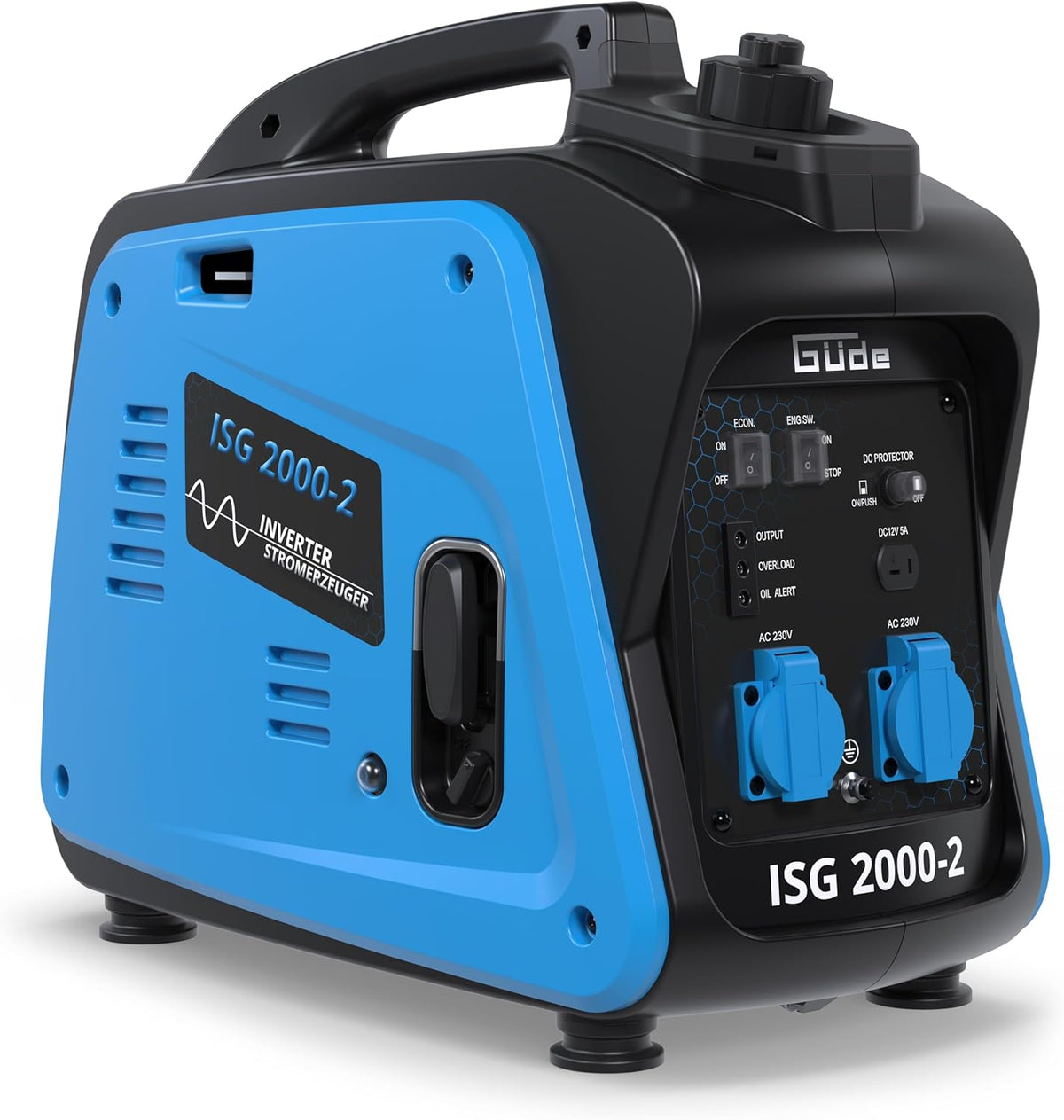 Güde Stromgenerator, Inverter Stromerzeuger ISG 2000-2 (4-Takt-OHV-Benzinmotor, 11/2, 86 (kW/PS), max. 2000 W, 2x 230 V, Laufzeit bis 5, 9 h