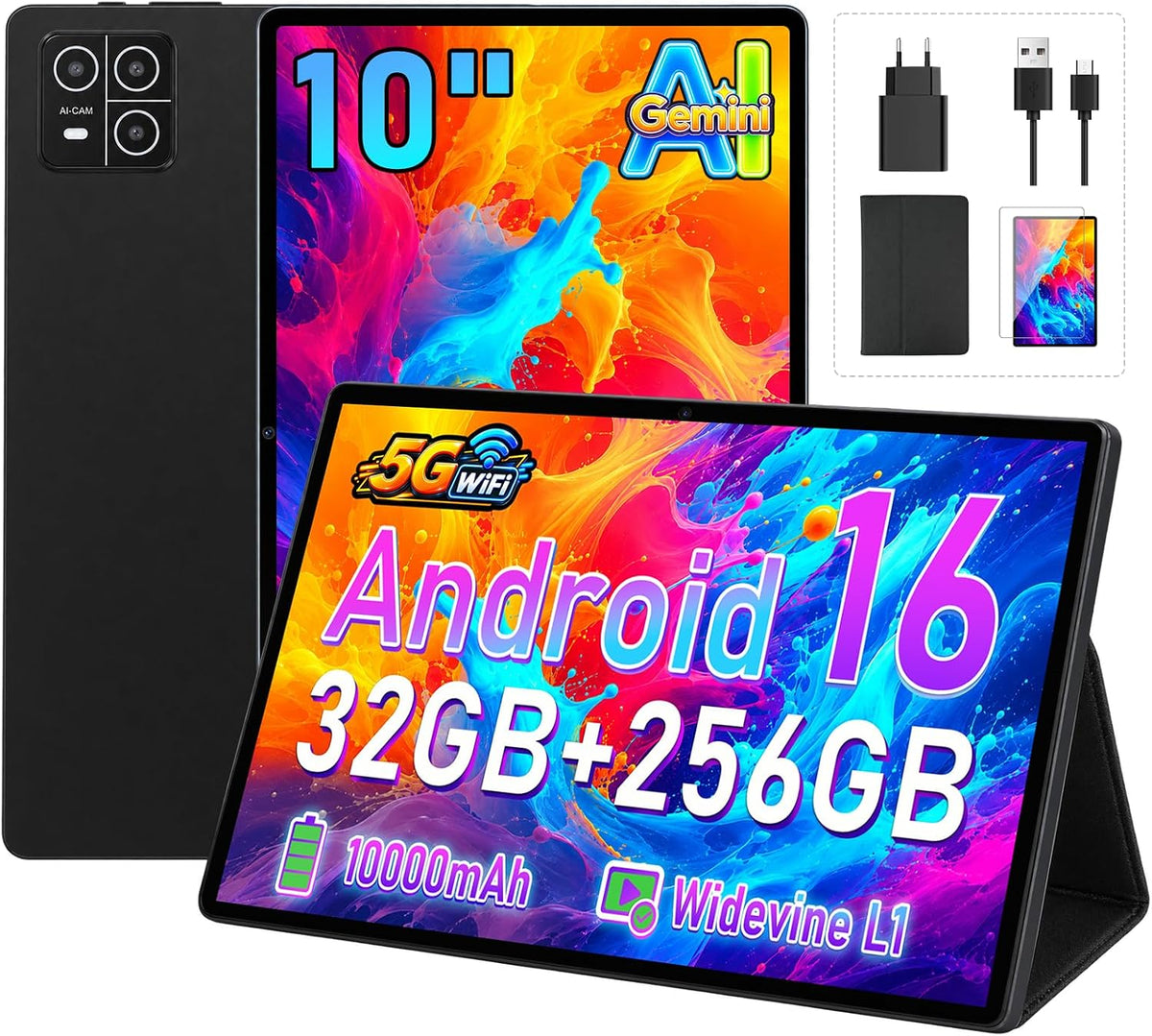 LPNAWZ Tablet PCs, 2026 Neuestes Android 16 Tablet, 10 Zoll Gemini AI, 32 GB RAM + 256 GB ROM (2 TB TF), Octa-Core 2, 0 GHz