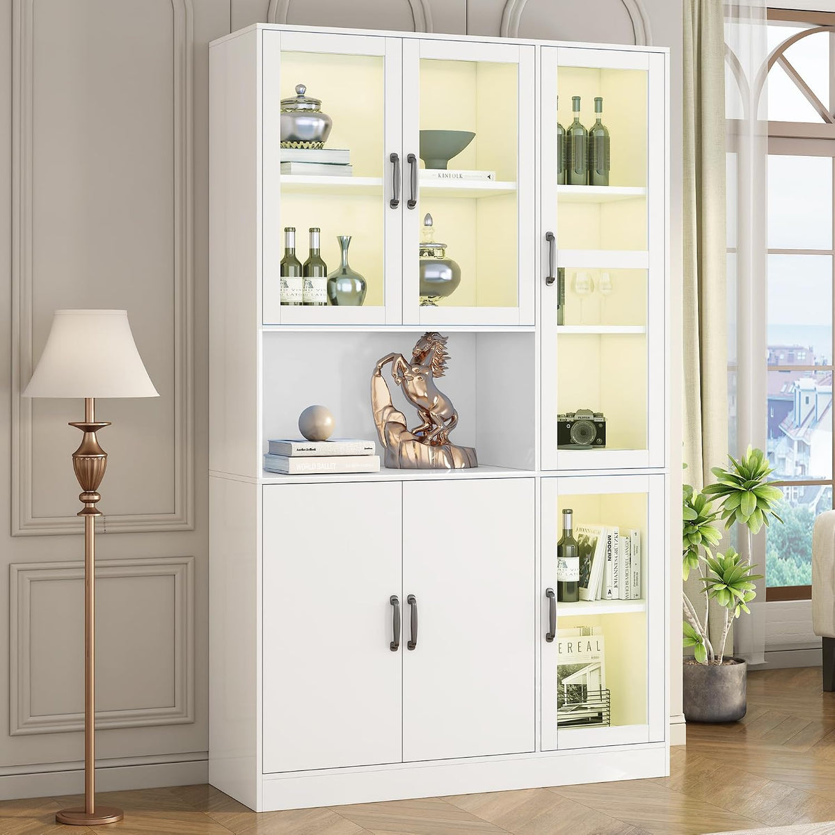 Sideboard Vitrine Weiß, Standschrank mit LED-Beleuchtung
