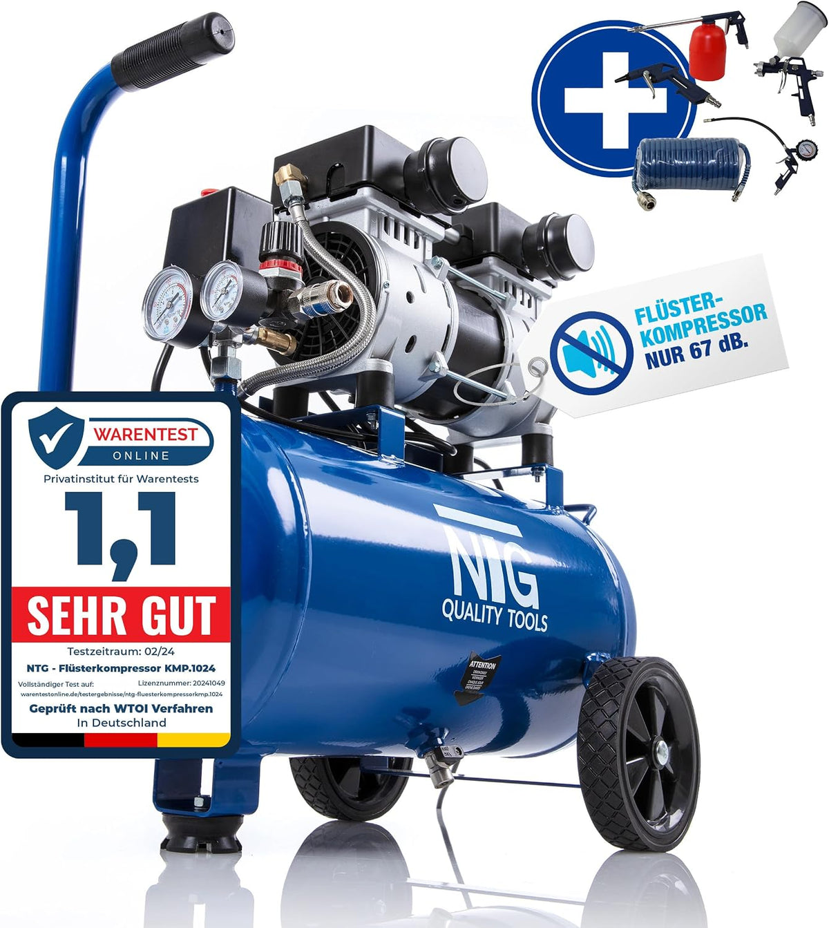 NTG Kompressor,   Silent Kompressor 9 Bar 1470 W ölfrei 24 L Tank - Starterset
