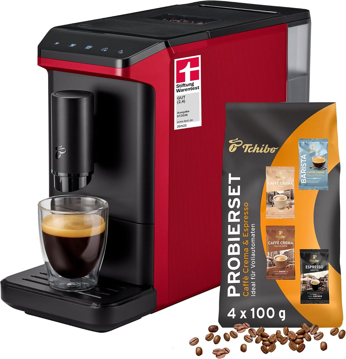 Tchibo Kaffeevollautomat,   Kaffeevollautomat Esperto mini, Rot, Kaffeeprobierset