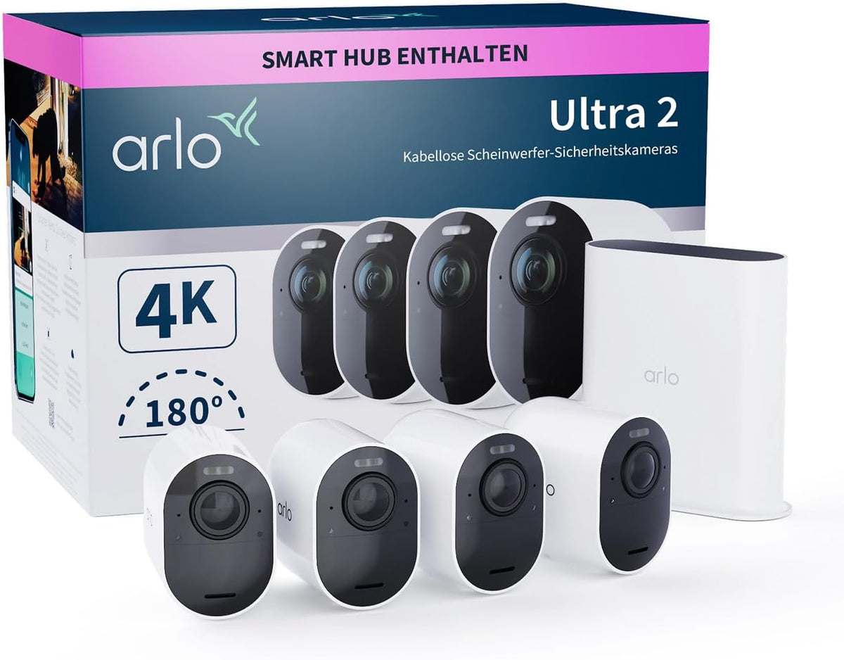 Arlo Überwachungskameras, Ultra 2 Überwachungskamera Aussen WLAN, Kabellos, 4er Set, 4K UHD Qualitätsprodukt, 180° Sichtfeld, Spotlight