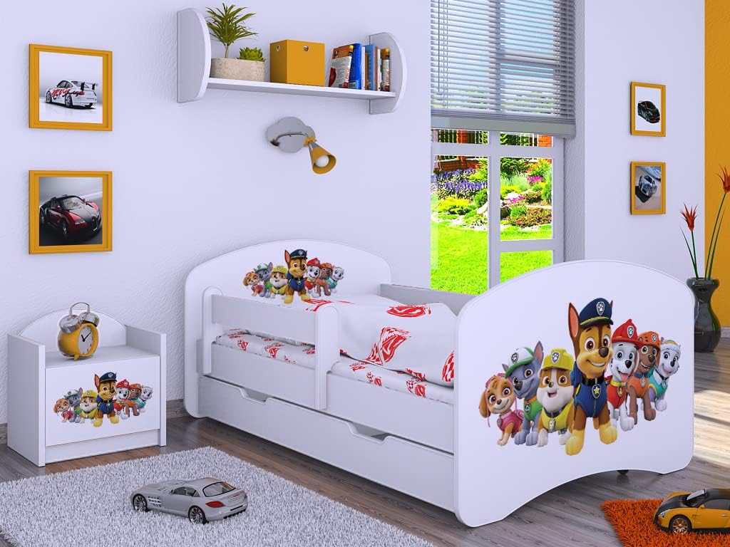 Kinderbett, Super Hunde - Babybett mit Matratze und Schublade - Bequem und Langlebig Rausfallschutz Bett - Kinderzimmer - Weiß (Motiv 3) - 180 × 90