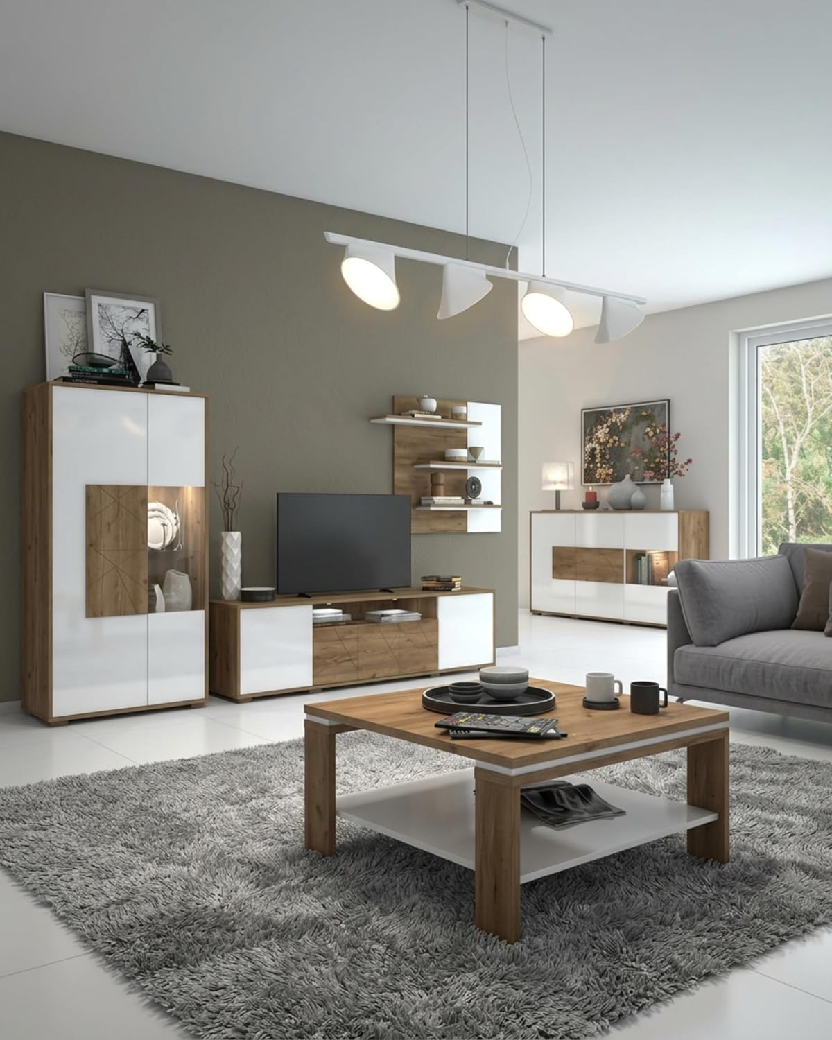 Steiner Shopping 5-teilig Manase Wohnzimmer Komplett Set I in Eiche braun Holzoptik & Weiß in Hochglanz I Moderne Wohnwand