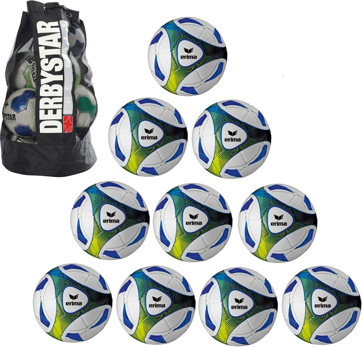 Erima Trainingsbälle, 10x Hybrid Training royal/Lime Größe 5 + 1x Ballsack Ballpaket TOP Preis Teamsport Plum