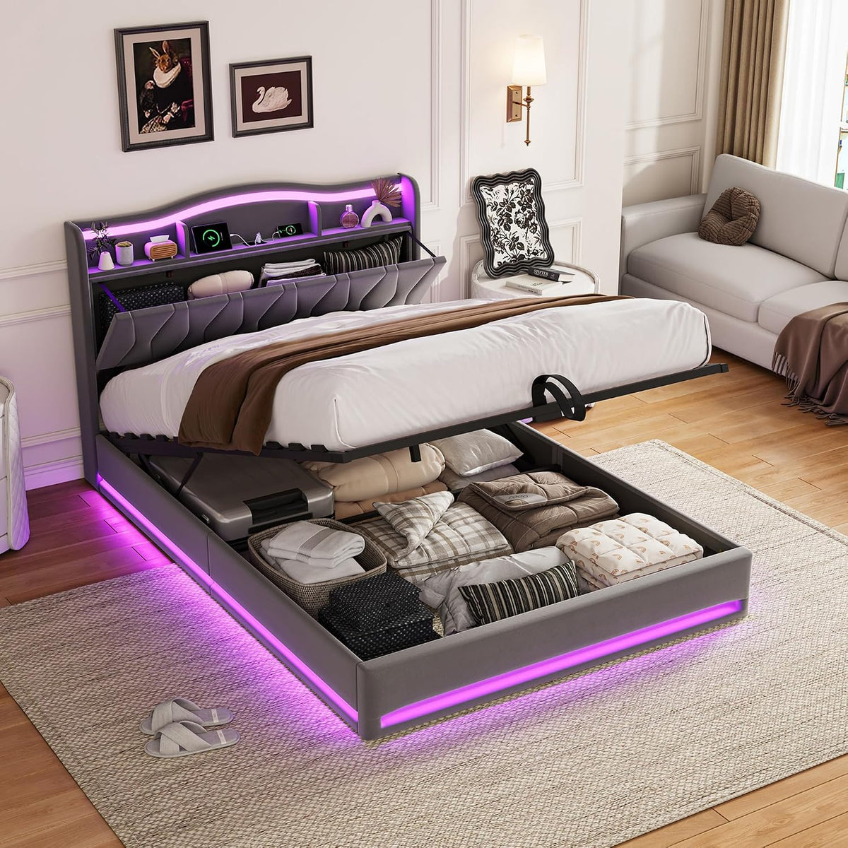 Bett Polster, 160 × 200 Doppelbett mit LED, Bett mit stauraum, Hydraulisch Stauraumbett mit USB, Funktionsbett Jugendbett mit Lattenrost