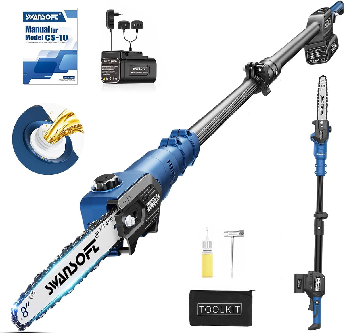 SWANSOFT Kettensäge, 8 Zoll - Akku Hochentaster mit 10 m/s, 21V (600W) mit 2x4.0Ah Akkus, Automatischem Schmierung & 2