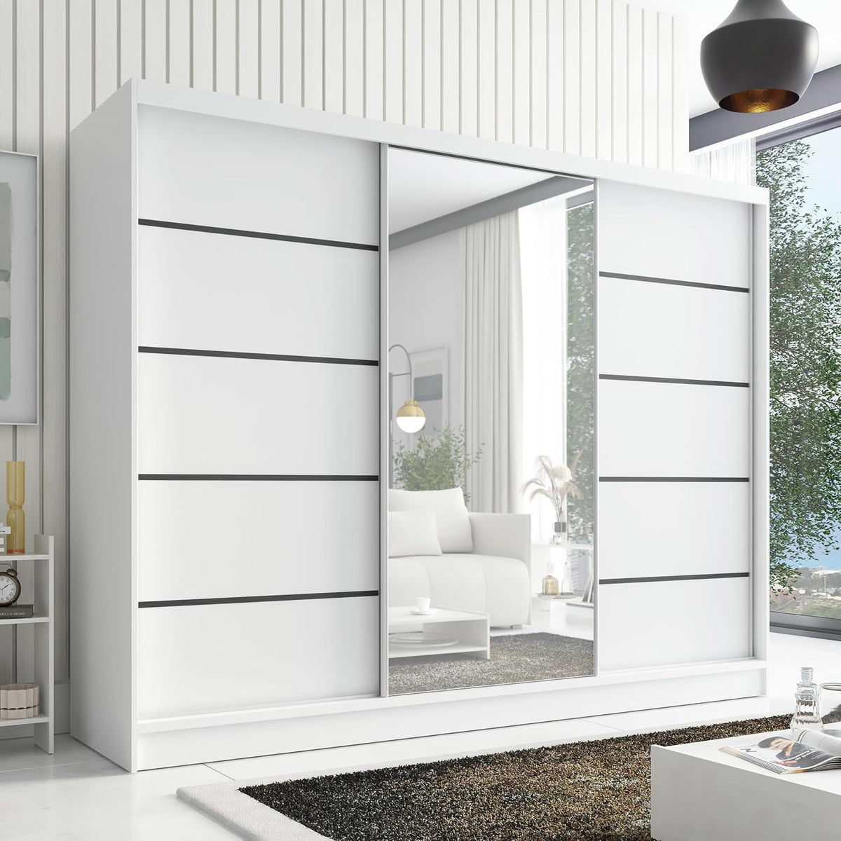 Kleiderschrank, Aurelia 2, Schwebetürenschrank 200 cm breit mit Spiegel, 3-türig, Schiebetürenschrank für Schlafzimmer oder Garderobe, A&J MöbelLand