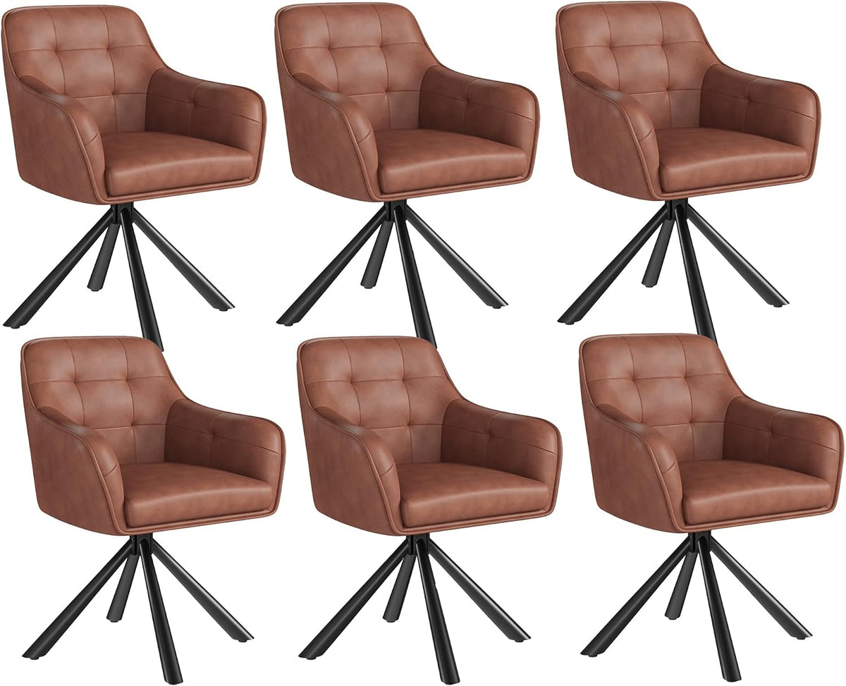 Esszimmerstuhl, 6er Set Polsterstühle Kunstleder, 360° drehbar, Armlehnen, Braun, YOUDENOVA