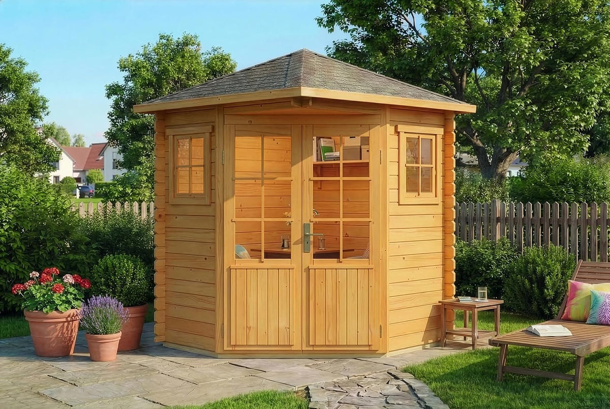 Alpholz 5-Eck Gartenhaus, Sunny-A 220 × 220cm Imprägn. Pinie 28mm Wandstärke