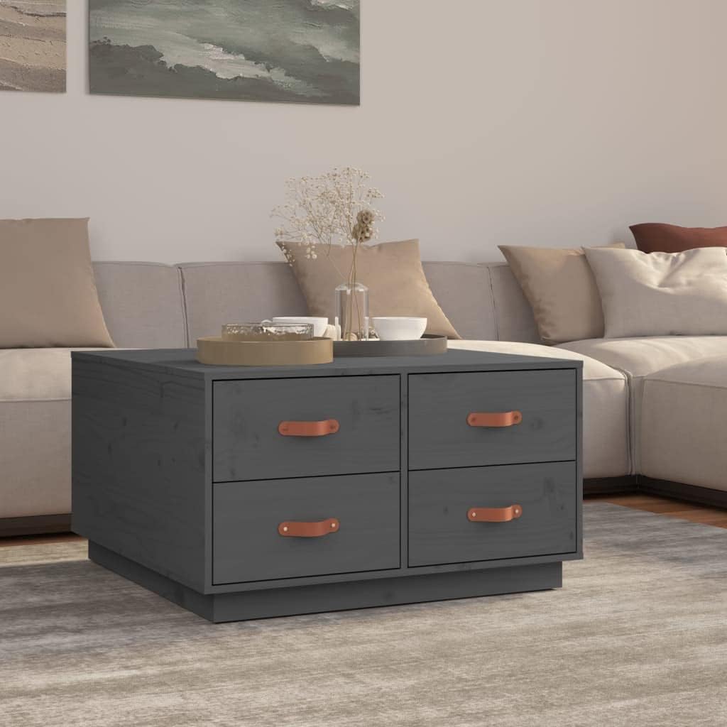 Beistelltisch 80x80x45 4 Couchtisch Kiefernholz grau cm mit Schubladen massiver, moderner Sofatisch fürs Wohnzimmer