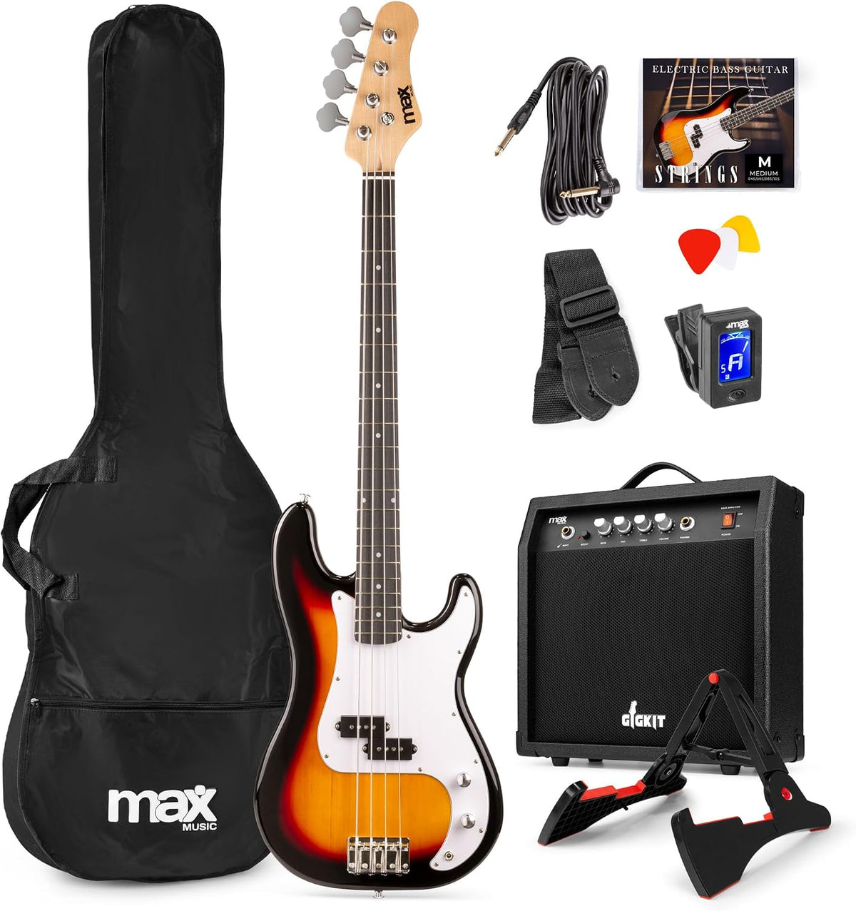 MAX E-Gitarren, GigKit Bassgitarre Set mit Verstärker 21 Bünde Sunburst