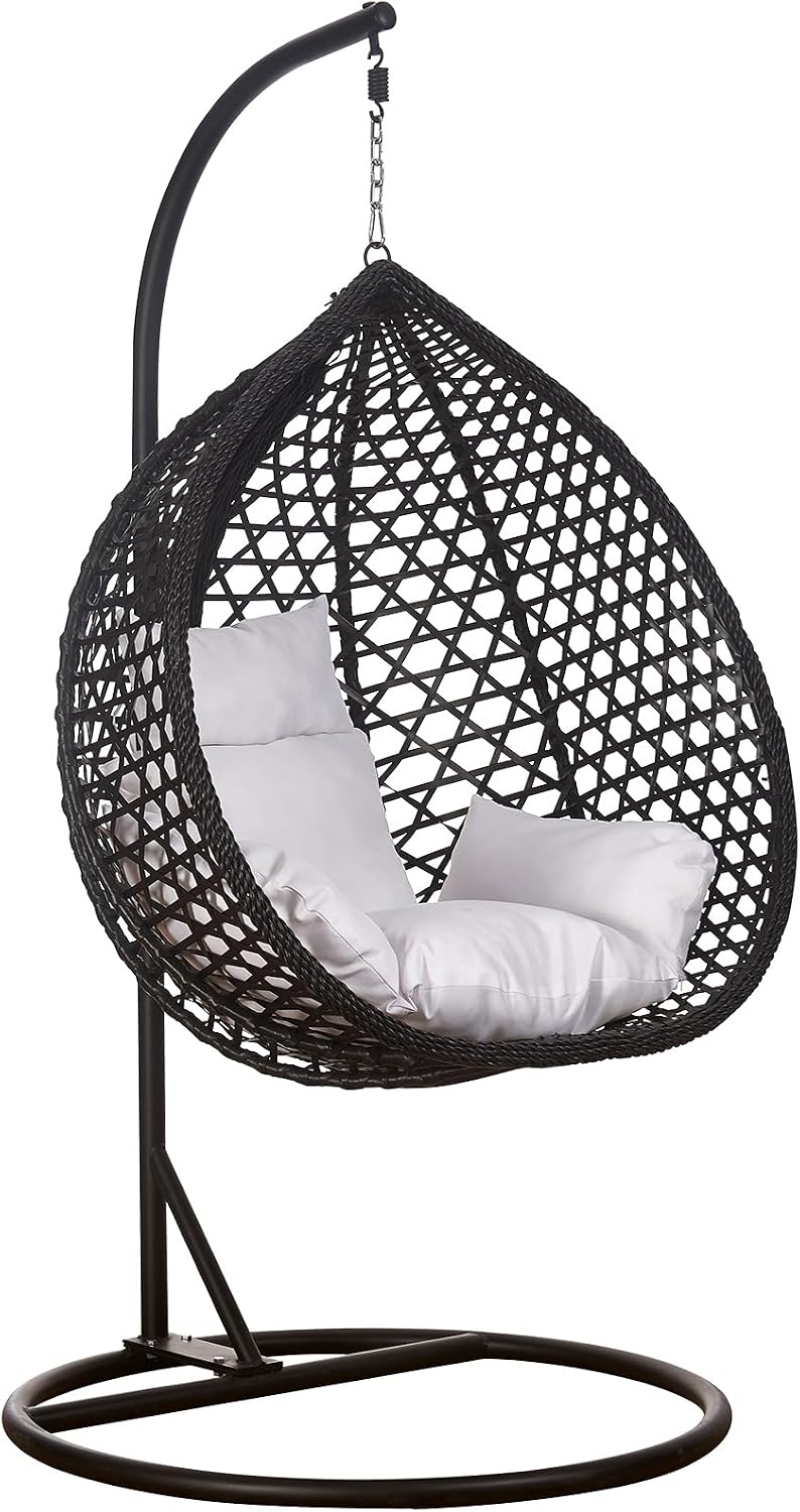 Hängesessel Luxus, Style XXL Rattan Korb Gestell Schwarz mit Relaxkissen Weiss, RAMROXX