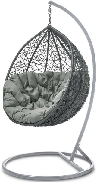Hängesessel Polyrattan, mit Gestell Hängekorb Outdoor Garten Terrasse graues Gestell graue Kissen, MAT-COMPANY