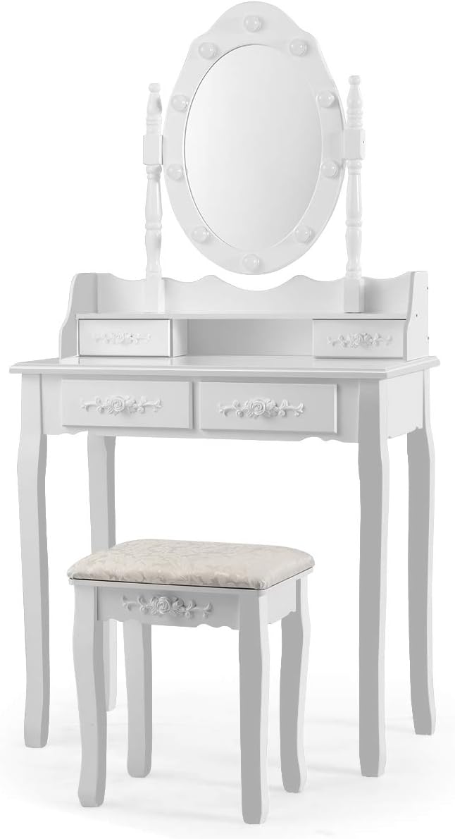 Schminktisch, mit Hocker, 360° schwenkbarer Spiegel mit 10 dimmbaren LEDs, Make-up Tisch Kosmetiktisch mit 4 Schubladen, beweglicher Oberteil