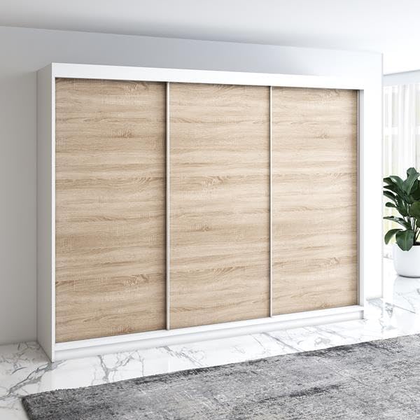 Kleiderschrank 200 Mero Schwebetürenschrank cm, 3-türig mit 4 Schubladen (Weiß/Sonoma), A&J MöbelLand