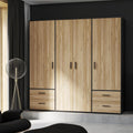 Kleiderschrank 200 210 Jupiter Schrank, Drehtürenschrank, 4-türig, mit 4 Schubladen und Einlegeböden, Schwarz mit Holz Dekor: Catania Eiche
