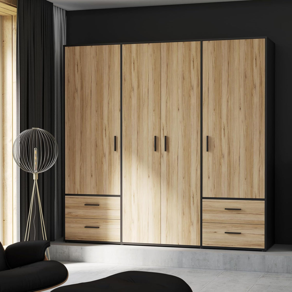 Kleiderschrank 200 210 Jupiter Schrank, Drehtürenschrank, 4-türig, mit 4 Schubladen und Einlegeböden, Schwarz mit Holz Dekor: Catania Eiche