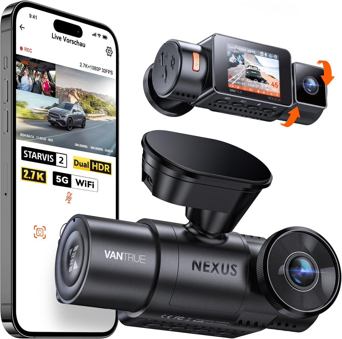 VANTRUE Autokameras, N2X 2.7K+1080P Dashcam Auto Vorne Innen, STARVIS 2 Dual Nachtsicht