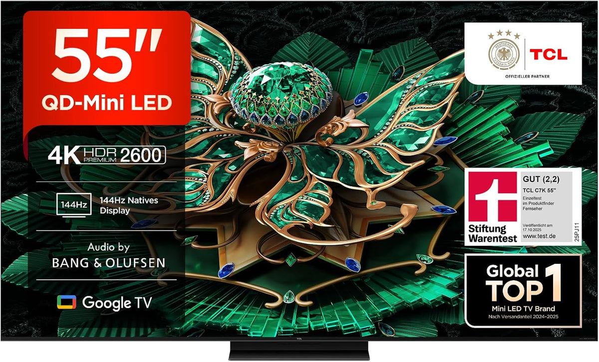 TCL 55C7K LED QD-Mini Fernseher, 55 Zoll, 4K HDR Premium, Dolby Vision IQ & Atmos, Bang & Olufsen Sound, Smart TV mit Google TV, 144Hz, HDMI 2.1