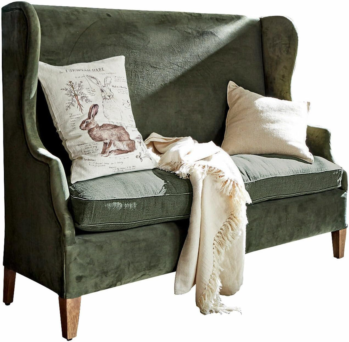 Sofa, Ombra, klassischer Ohrenbacken-Stil, edler Materialmix, Ohrensessel, Sitzmöbel, Mangoholz, Polyestersamt, Leinen, Loberon