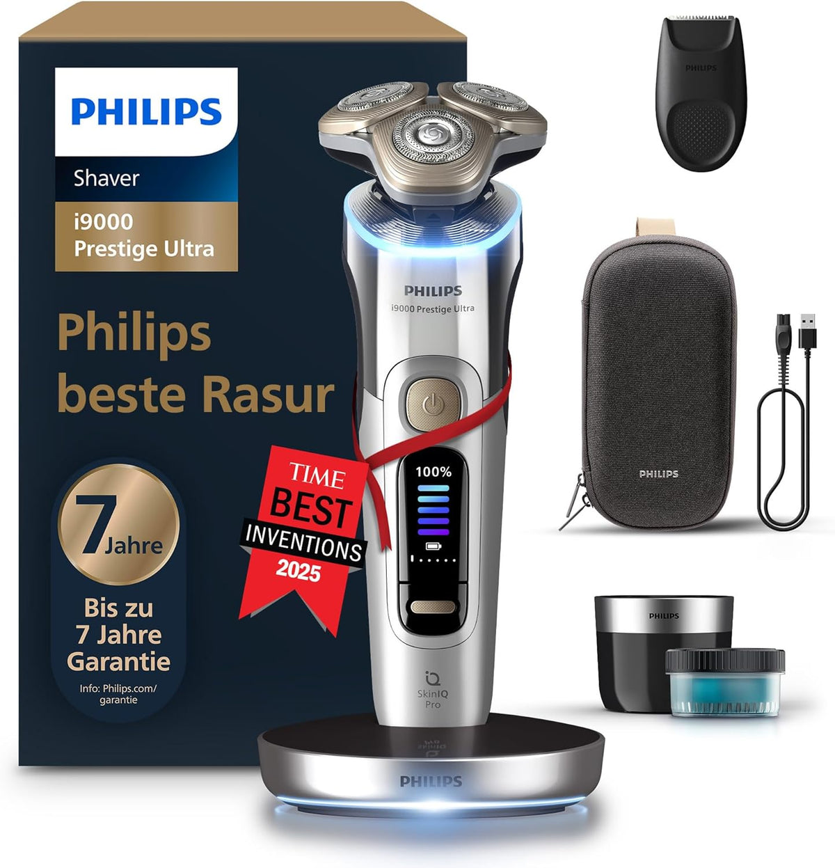 PHILIPS i9000 elektrischer Rasierer Prestige Ultra Nass- und Trockenrasierer für Herren chrom Druck- und Bewegungssensor Trimmeraufsatz