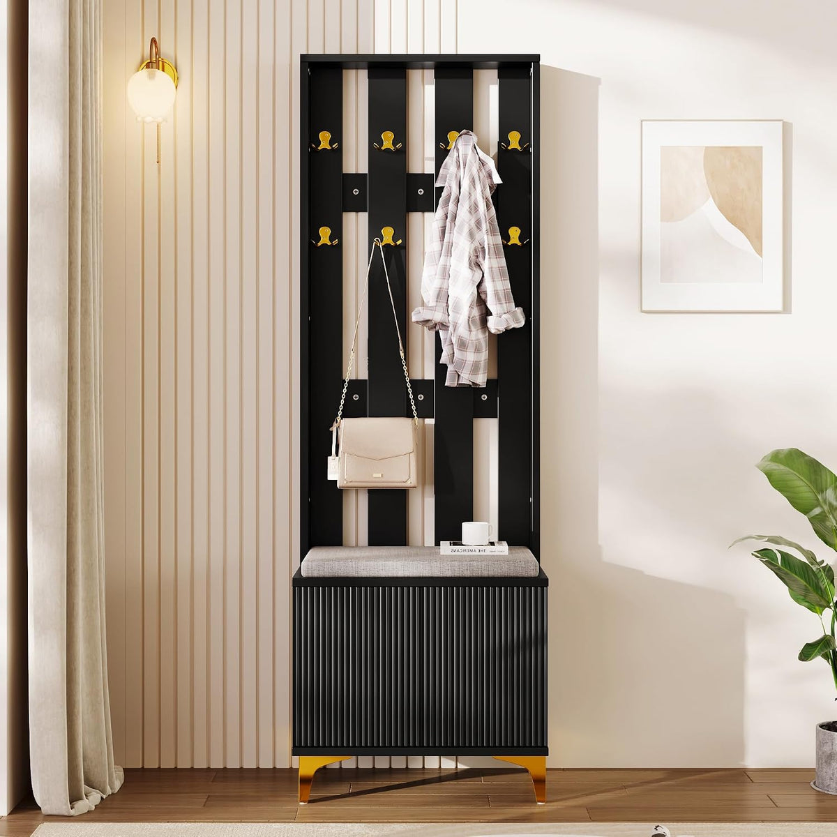 gonew21 Komplettprogramme, Garderobenset mit Schuhbank & Kissen, Flurgarderobe Schwarz mit goldenen Haken & Push-to-Open