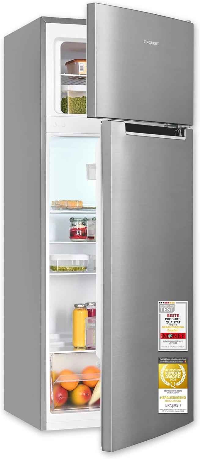 Exquisit Kühl-Gefrierkombination, Kühlschrank mit Gefrierfach, 206 L, 143 cm, Inoxlook