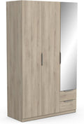 Kleiderschrank, Armoire Dressing Avec Miroir & Penderie Moderne 3 Portes 2 Tiroirs 4 Niches, Coloris Chêne Kronberg - 119, 4 x 51, 1 x 203 cm