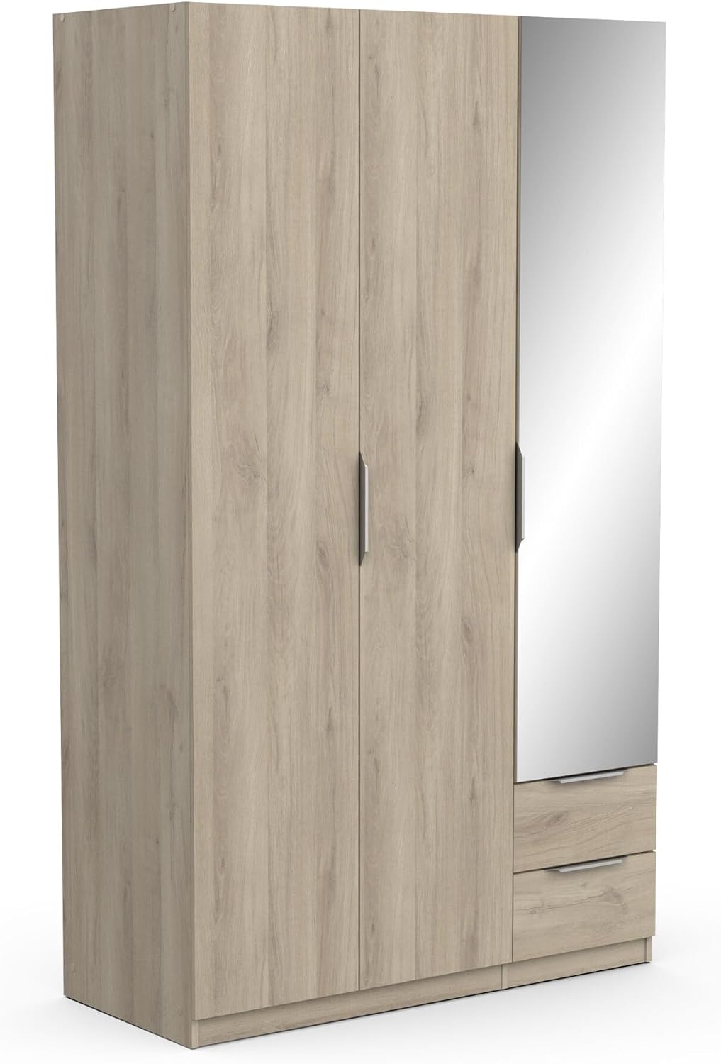 Kleiderschrank, Armoire Dressing Avec Miroir & Penderie Moderne 3 Portes 2 Tiroirs 4 Niches, Coloris Chêne Kronberg - 119, 4 x 51, 1 x 203 cm