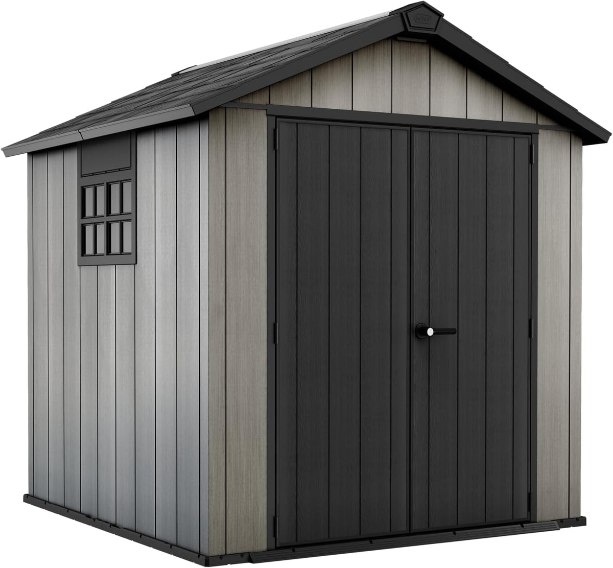 Keter Gerätehaus, Oakland 757, Grau, 4m³, Außenmaße B/T/H: 230 × 223, 8 × 242 cm, Duotech Struktur, wetterfest, Doppeltür, Oberlicht und Fenster