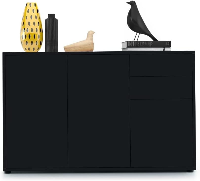 Sideboard, Ben V3, Kommode mit 3 Türen und 2 Schubladen, Schwarz matt/Schwarz matt (117 × 74 × 36 cm), Vladon