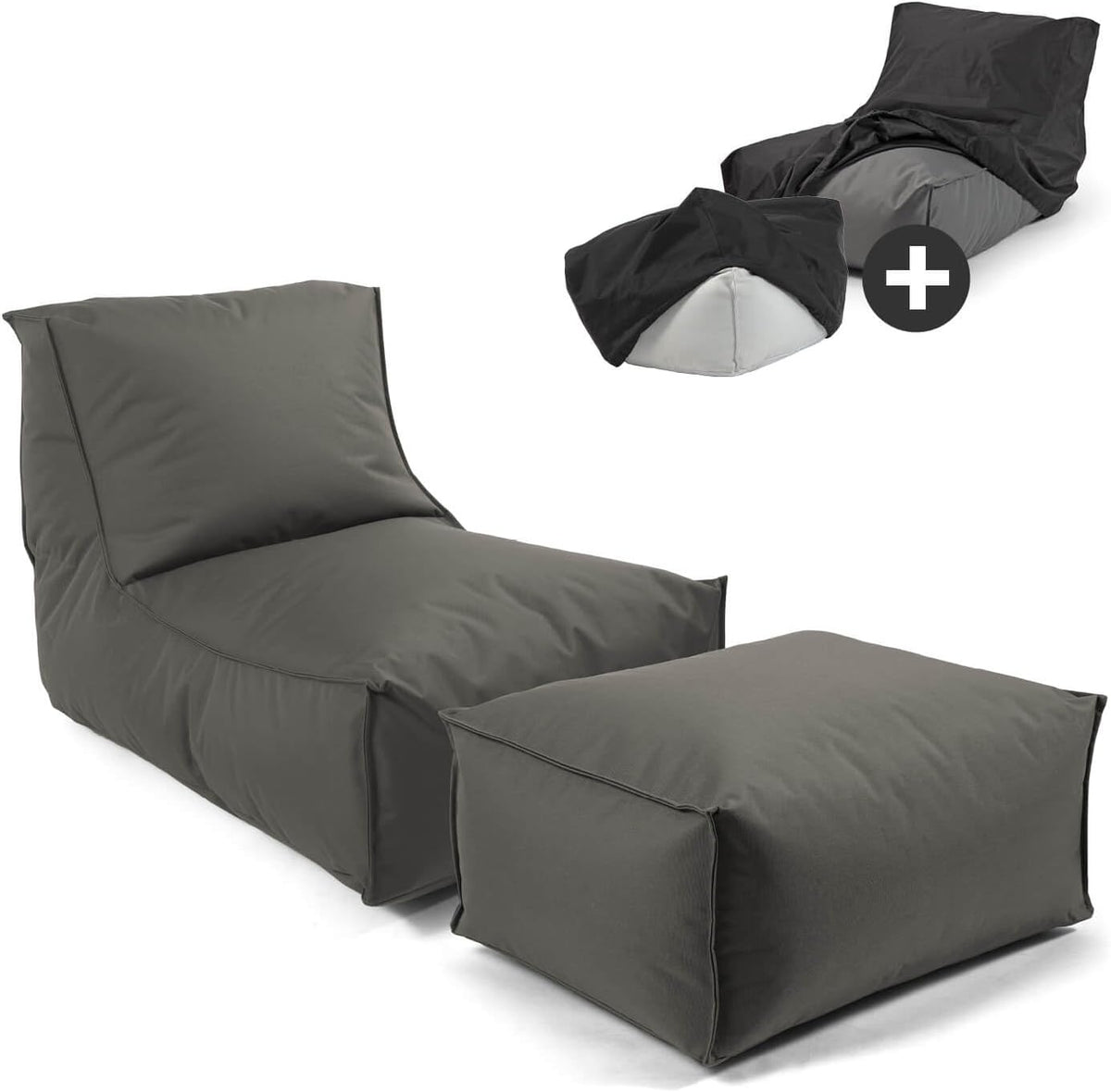 mokebo Sitzsack, mit Hocker und Schutzhülle für Kinder & Erwachsene 'Der Sundowner', auch als Liegekissen oder Liege in Anthrazit