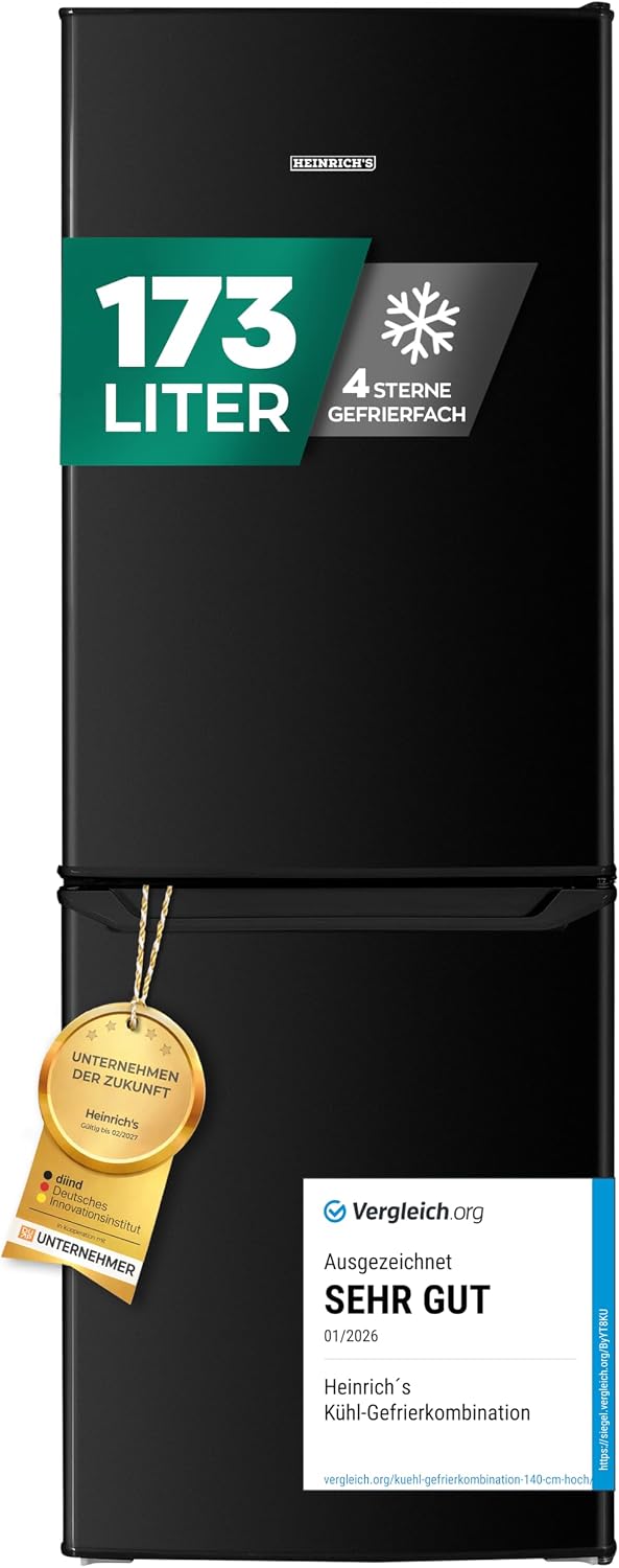 Heinrich´s Kühl-Gefrierkombination, Kühlgefrierkombination 173L Gesamtvolumen, 121L Kühlvolumen 52L Gefriervolumen, LED Beleuchtung