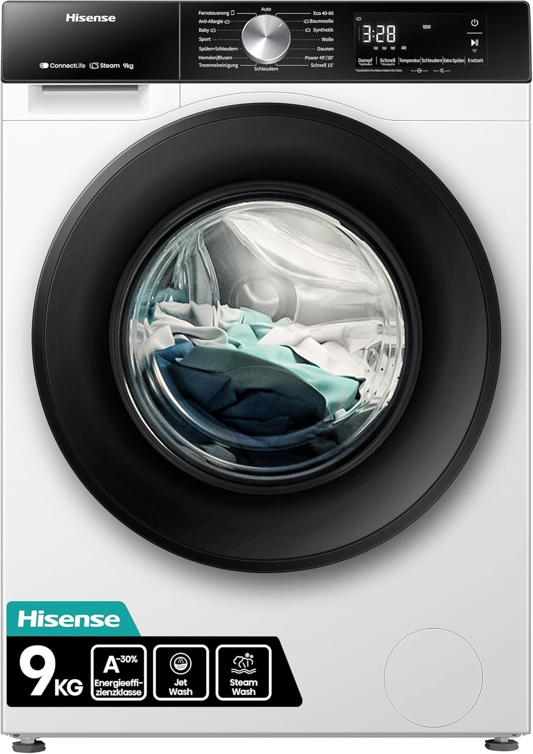 Hisense Waschmaschine, WF3S9043BW3 Waschmachine mit Dampffunkunktion, 9 kg, 1400 U, min, WiFi, ConnectLife, Power JetWash, Anti-Allergie Programm