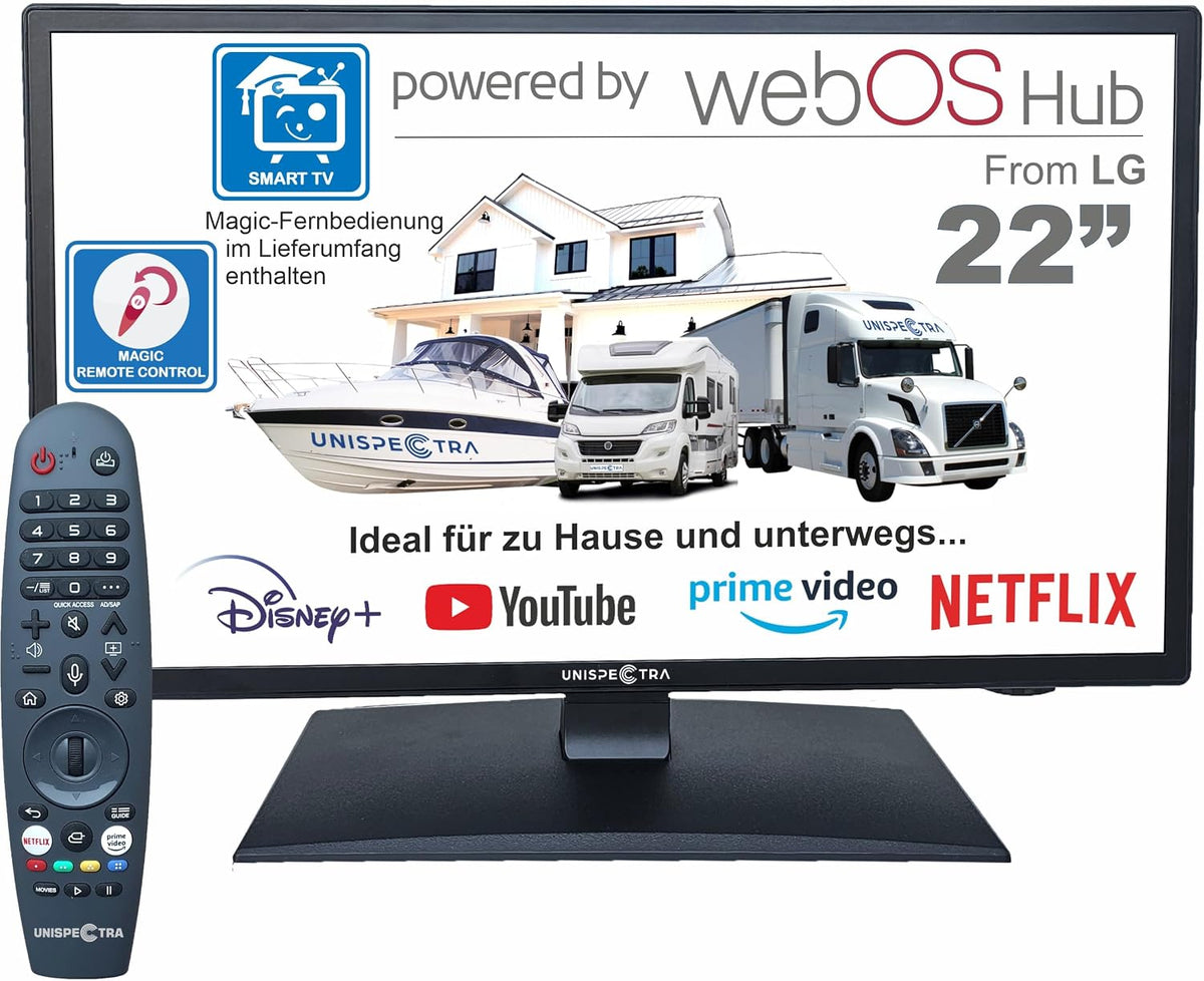Unispectra 22' TV HD 230V 24V TV 3xHDMI 2xUSB 12V ® Smart (webOS) Full Triple Tuner Satellit Antenne Kabel Magic Remote. Fernseher, für Wohnmobile