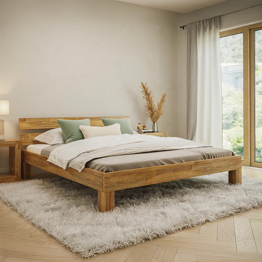Bett Floki Massivholz, Eiche 200 × 200 cm, Bett mit Bettkopf, Natur geölt, skølm