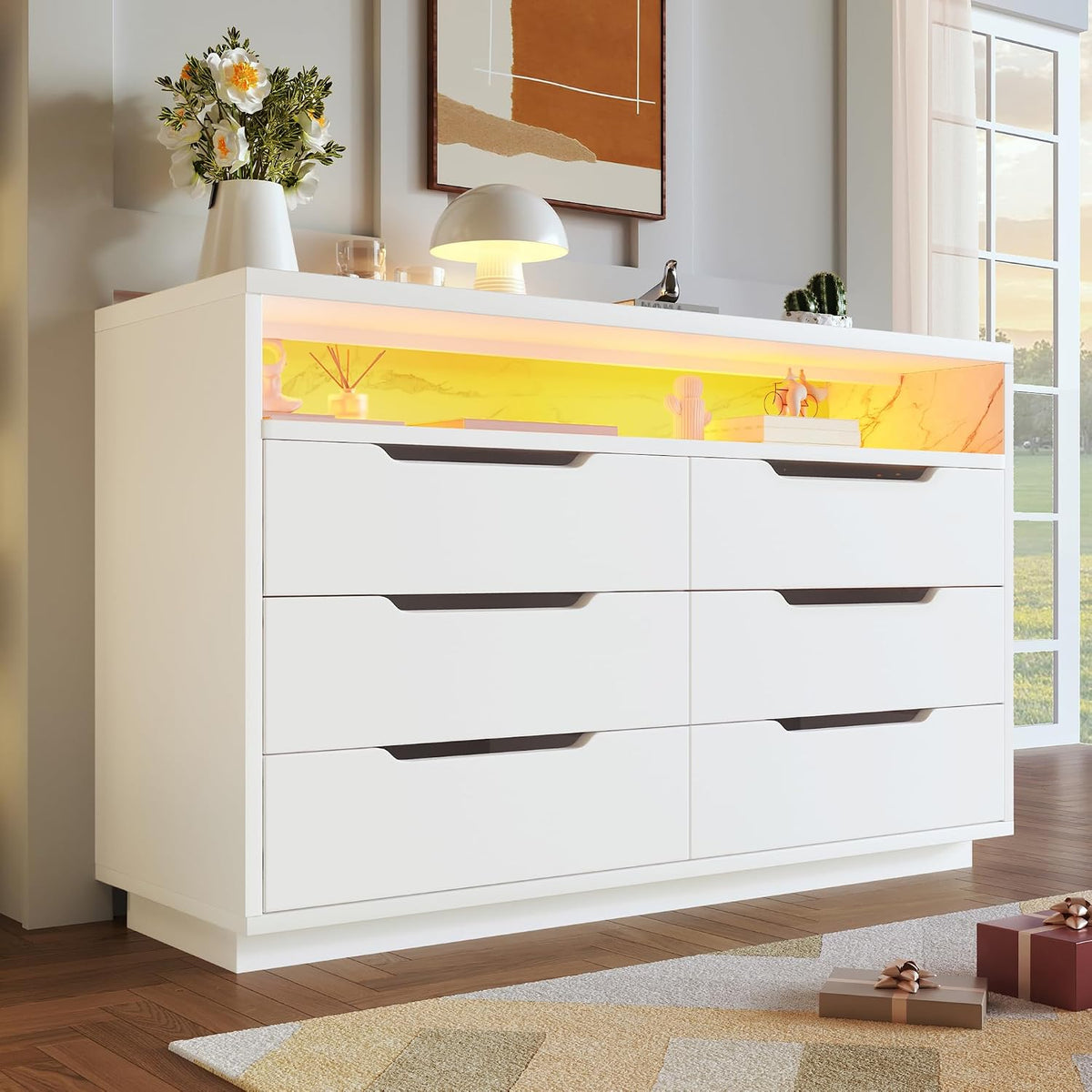 Kommode, weiß mit 6 Schubladen, 120cm breit Sideboard mit LED-Beleuchtung, Offenes Ablagefach, Mehrzweckschrank aus Holz, Laufschienen, Merax