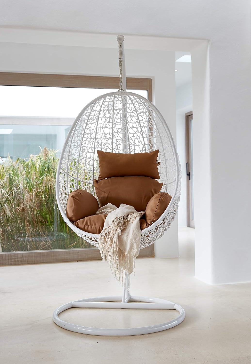 Hängesessel Komplettset, mit Gestell und Sitzkissen, Loungemöbel, komplett weiß (Kissenfarbe: beige), Kideo